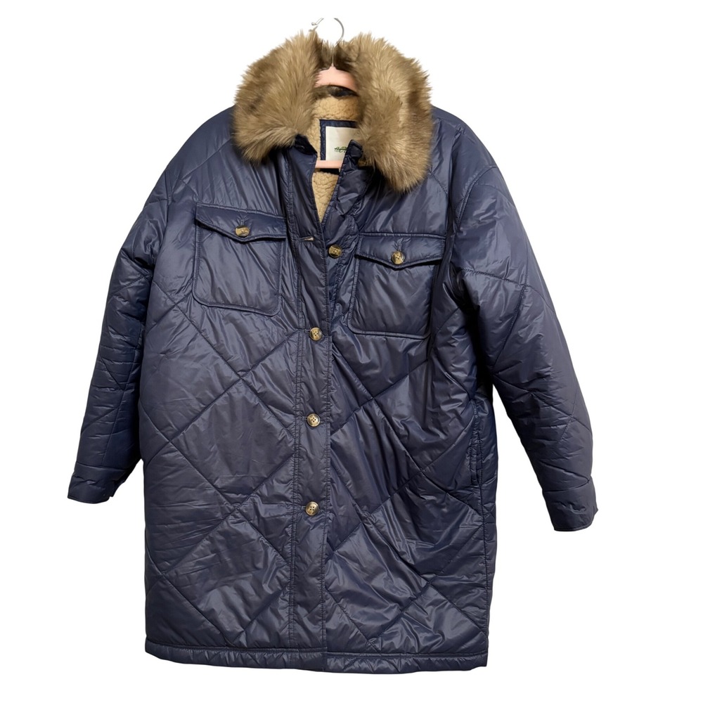 Aerie Womens Quilted Long Puffer Coat Faux Fur Hood Navy Blue Size XS/TP